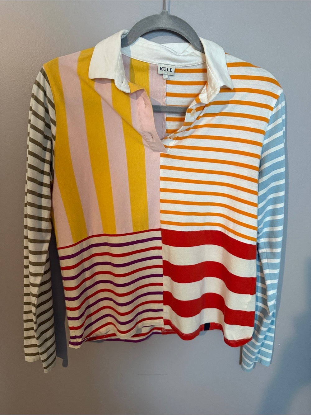 KULE Patchwork Striped Polo in Yellow, Pink, Red, Orange, Blue, Gray